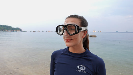 Woman wearing a prescription snorkel mask at the beach