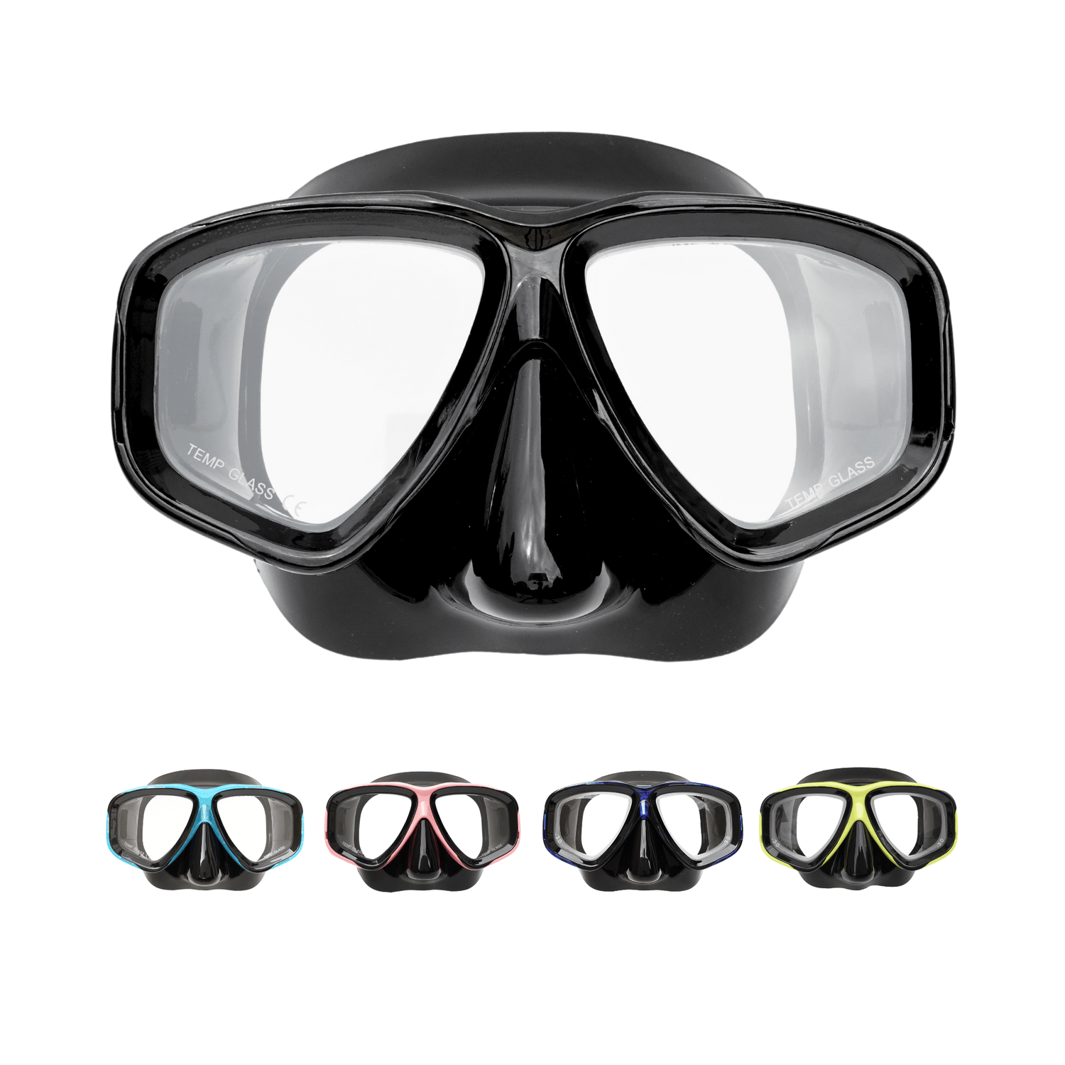 Rx Prescription Snorkel Mask front view in Black Aqua Pink Blue Yellow