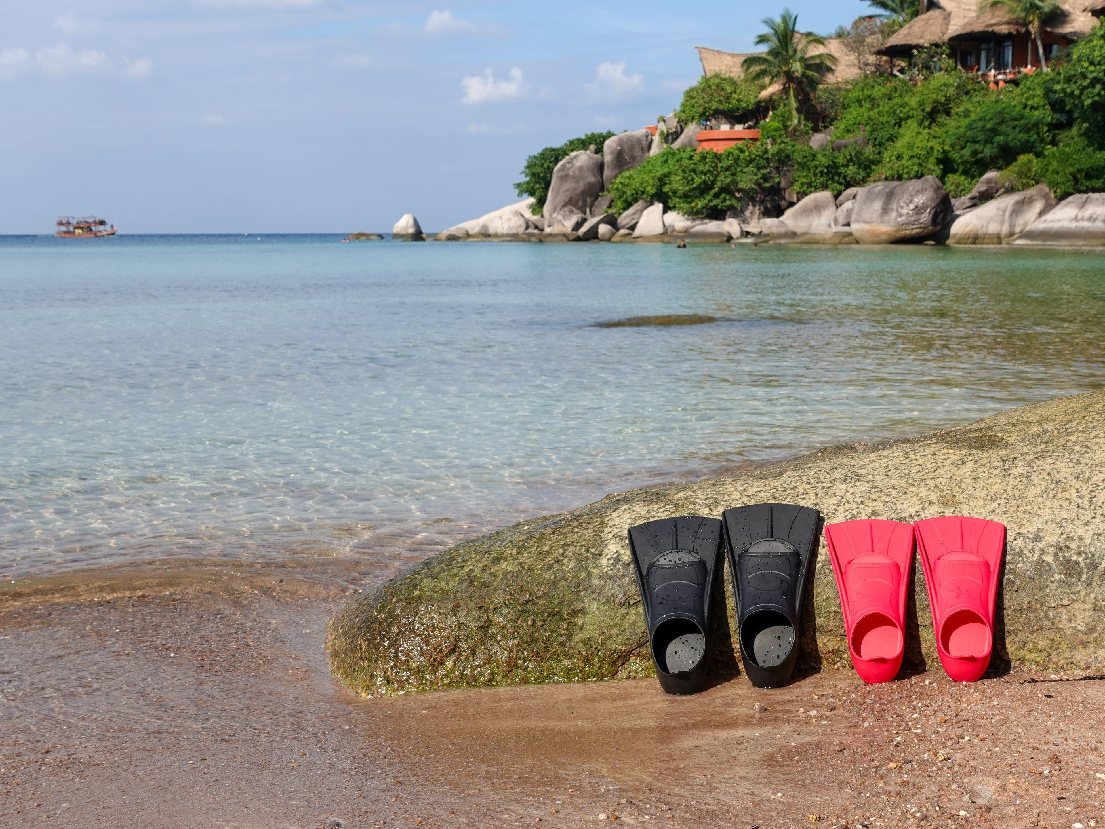 Black and red diving fins on a beach with ocean and rocks in the background
