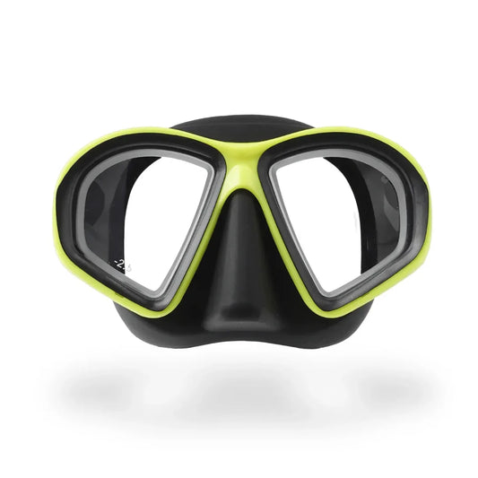 Prescription dive mask RX Rover Low volume with Yellow frame and black seal for nearsighted divers. Front view