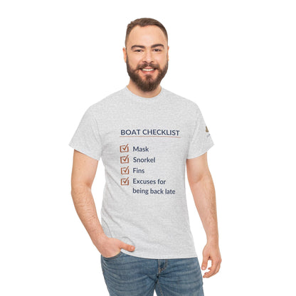 T-Shirt Boat Checklist T-Shirt: Mask, Snorkel, Fins & Excuses Tee for Ocean Lovers Boat Checklist T-Shirt: Mask, Snorkel, Fins & Excuses Tee for Ocean Lovers
