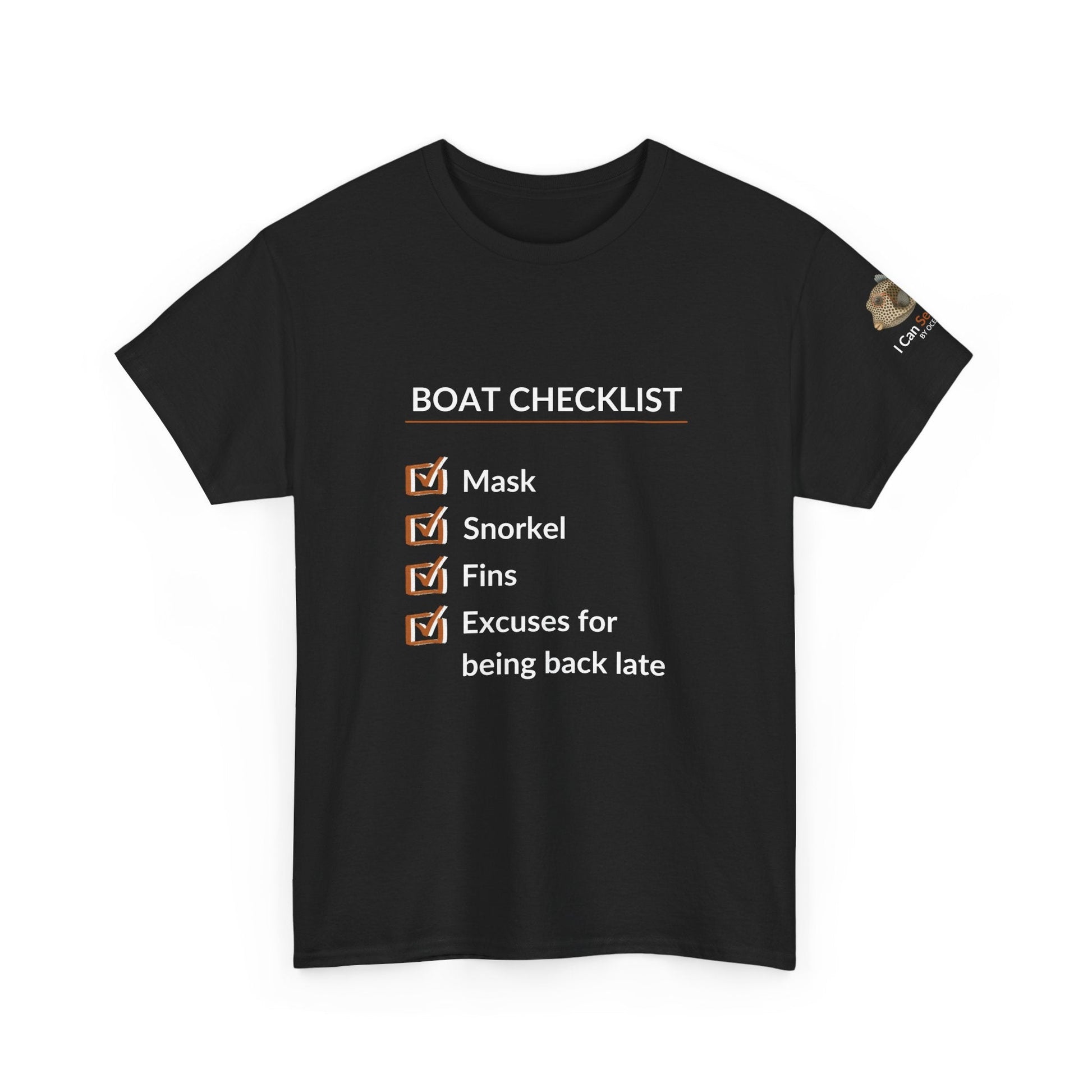 T-Shirt Black / S Boat Checklist T-Shirt: Mask, Snorkel, Fins & Excuses Tee for Ocean Lovers Boat Checklist T-Shirt: Mask, Snorkel, Fins & Excuses Tee for Ocean Lovers