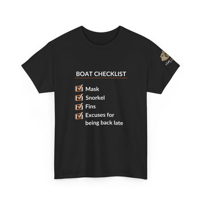 T-Shirt Black / S Boat Checklist T-Shirt: Mask, Snorkel, Fins & Excuses Tee for Ocean Lovers Boat Checklist T-Shirt: Mask, Snorkel, Fins & Excuses Tee for Ocean Lovers