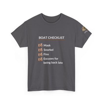 T-Shirt Charcoal / S Boat Checklist T-Shirt: Mask, Snorkel, Fins & Excuses Tee for Ocean Lovers Boat Checklist T-Shirt: Mask, Snorkel, Fins & Excuses Tee for Ocean Lovers
