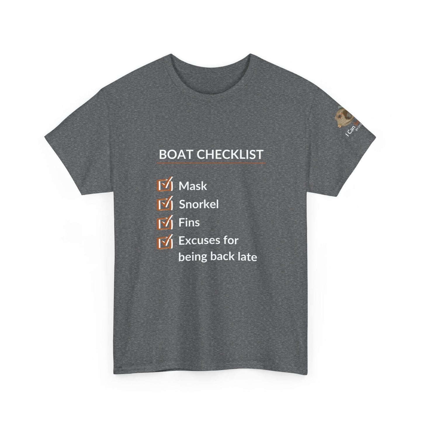 T-Shirt Graphite Heather / S Boat Checklist T-Shirt: Mask, Snorkel, Fins & Excuses Tee for Ocean Lovers Boat Checklist T-Shirt: Mask, Snorkel, Fins & Excuses Tee for Ocean Lovers