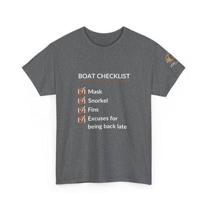 T-Shirt Graphite Heather / S Boat Checklist T-Shirt: Mask, Snorkel, Fins & Excuses Tee for Ocean Lovers Boat Checklist T-Shirt: Mask, Snorkel, Fins & Excuses Tee for Ocean Lovers