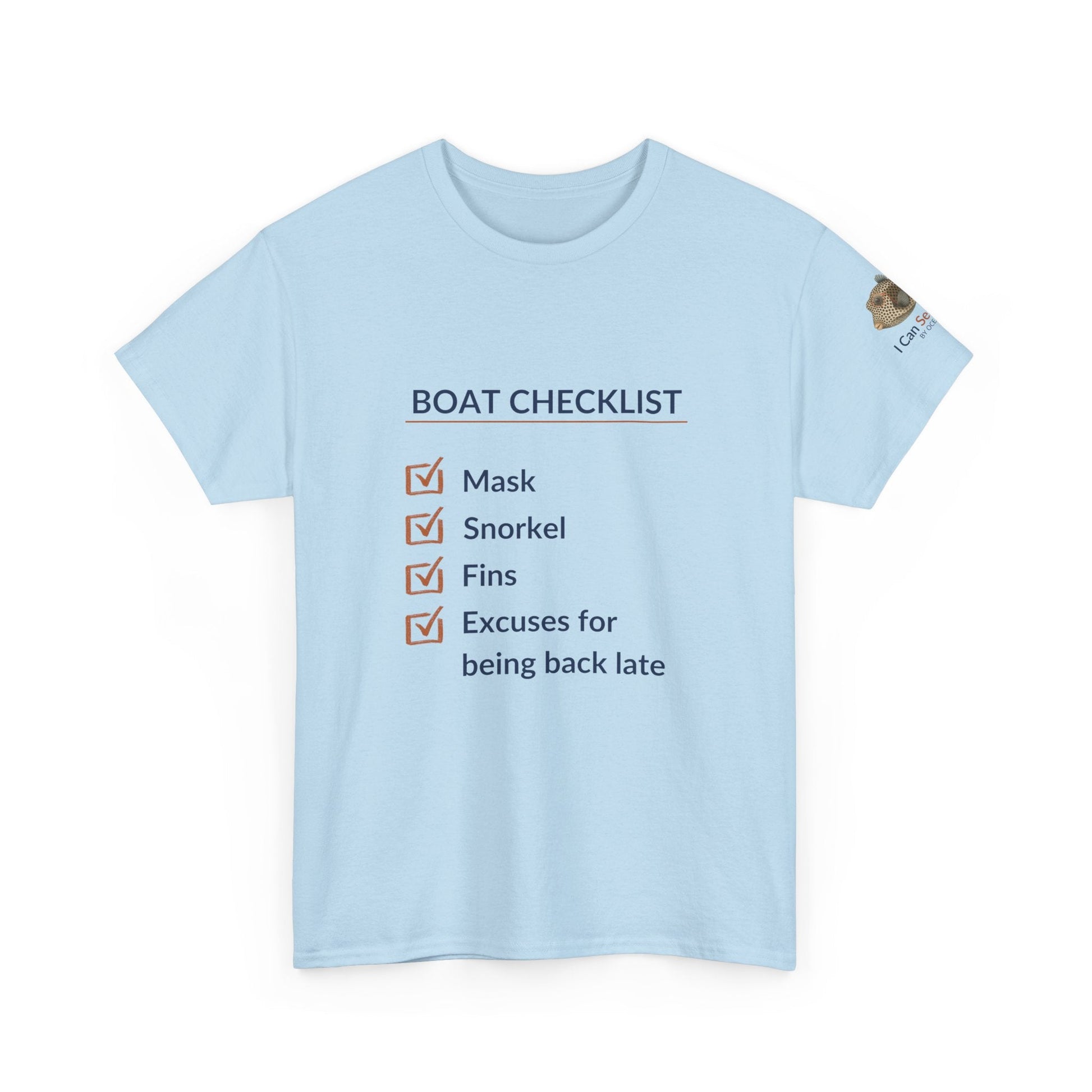 T-Shirt Light Blue / S Boat Checklist T-Shirt: Mask, Snorkel, Fins & Excuses Tee for Ocean Lovers Boat Checklist T-Shirt: Mask, Snorkel, Fins & Excuses Tee for Ocean Lovers
