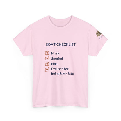 T-Shirt Light Pink / S Boat Checklist T-Shirt: Mask, Snorkel, Fins & Excuses Tee for Ocean Lovers Boat Checklist T-Shirt: Mask, Snorkel, Fins & Excuses Tee for Ocean Lovers