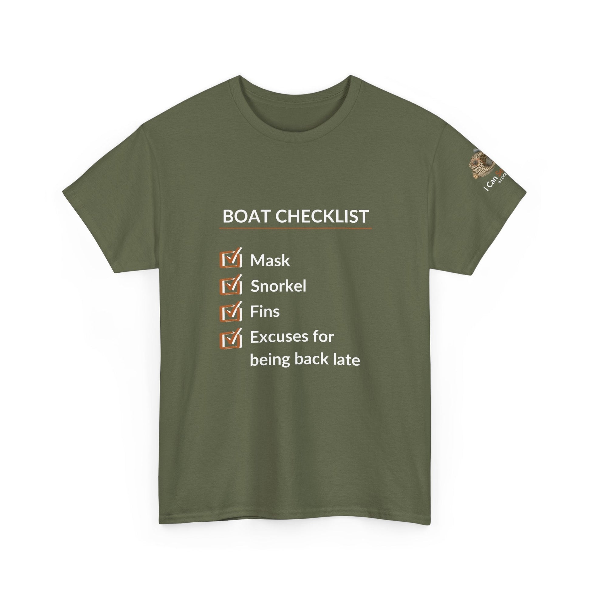 T-Shirt Military Green / S Boat Checklist T-Shirt: Mask, Snorkel, Fins & Excuses Tee for Ocean Lovers Boat Checklist T-Shirt: Mask, Snorkel, Fins & Excuses Tee for Ocean Lovers