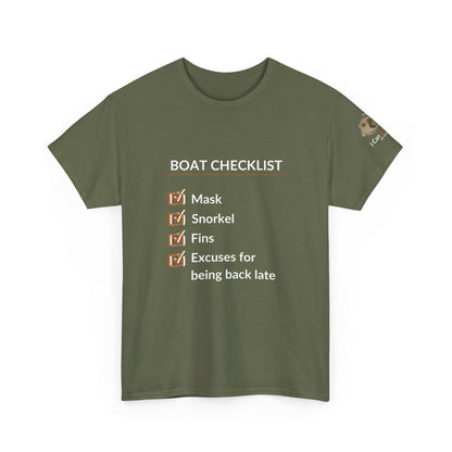 T-Shirt Military Green / S Boat Checklist T-Shirt: Mask, Snorkel, Fins & Excuses Tee for Ocean Lovers Boat Checklist T-Shirt: Mask, Snorkel, Fins & Excuses Tee for Ocean Lovers