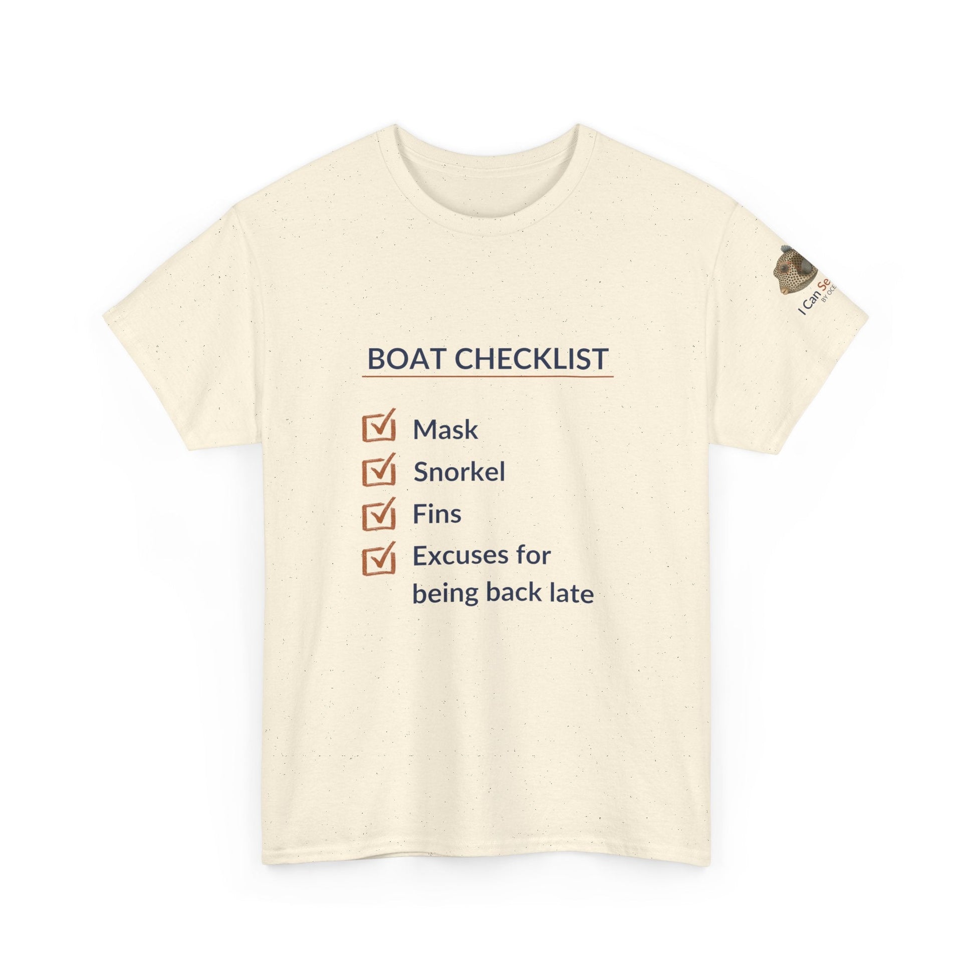 T-Shirt Natural / S Boat Checklist T-Shirt: Mask, Snorkel, Fins & Excuses Tee for Ocean Lovers Boat Checklist T-Shirt: Mask, Snorkel, Fins & Excuses Tee for Ocean Lovers
