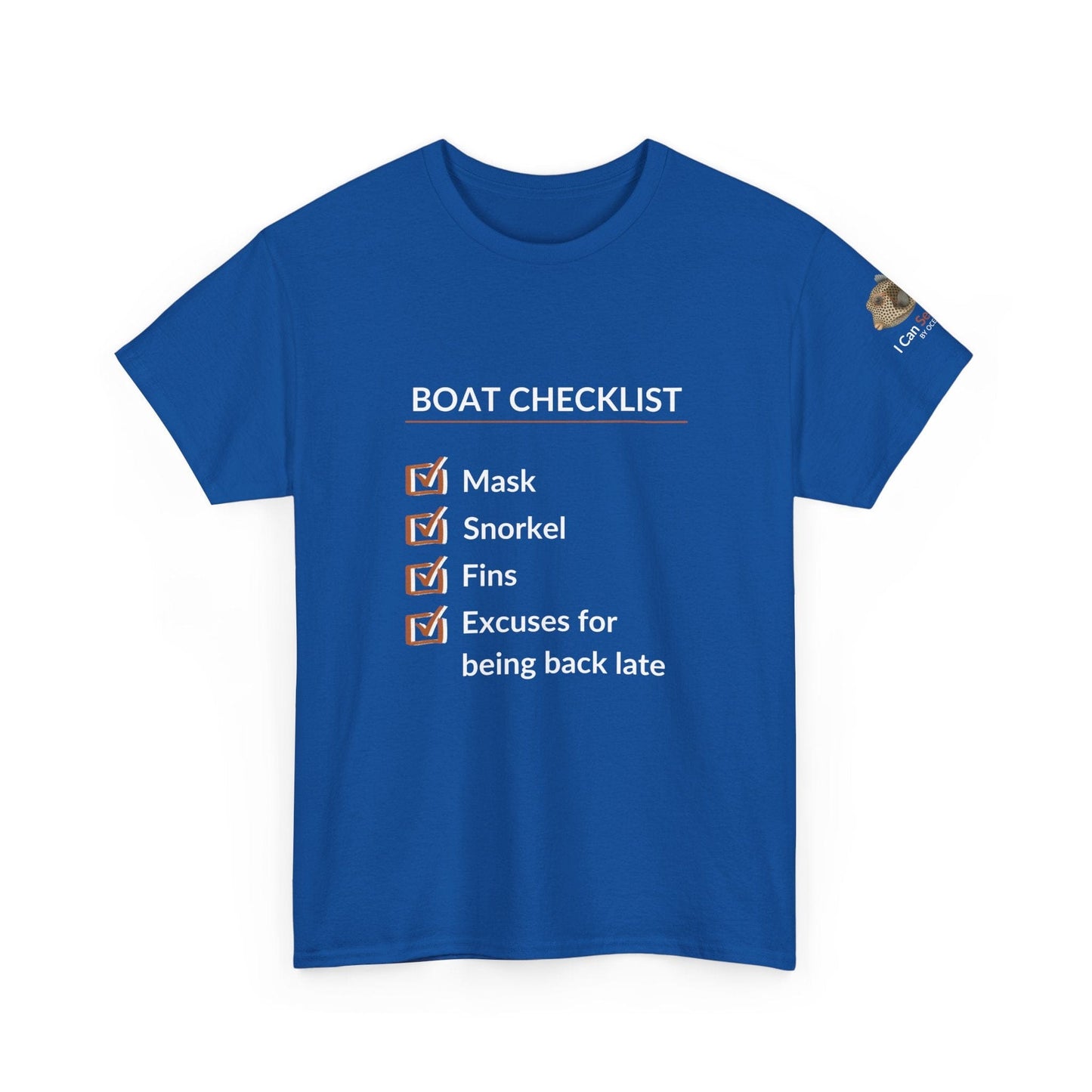 T-Shirt Royal Blue / S Boat Checklist T-Shirt: Mask, Snorkel, Fins & Excuses Tee for Ocean Lovers Boat Checklist T-Shirt: Mask, Snorkel, Fins & Excuses Tee for Ocean Lovers