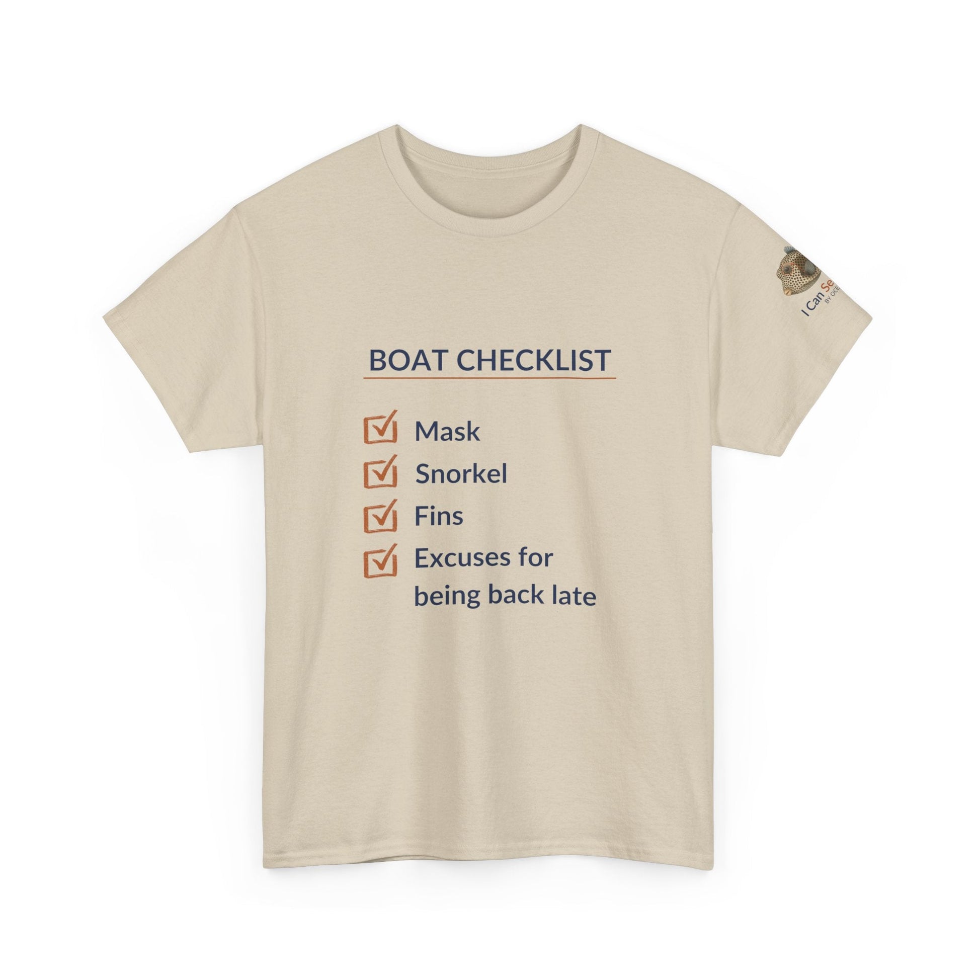 T-Shirt Sand / S Boat Checklist T-Shirt: Mask, Snorkel, Fins & Excuses Tee for Ocean Lovers Boat Checklist T-Shirt: Mask, Snorkel, Fins & Excuses Tee for Ocean Lovers