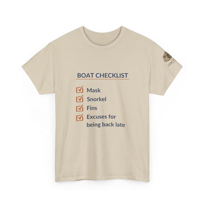 T-Shirt Sand / S Boat Checklist T-Shirt: Mask, Snorkel, Fins & Excuses Tee for Ocean Lovers Boat Checklist T-Shirt: Mask, Snorkel, Fins & Excuses Tee for Ocean Lovers