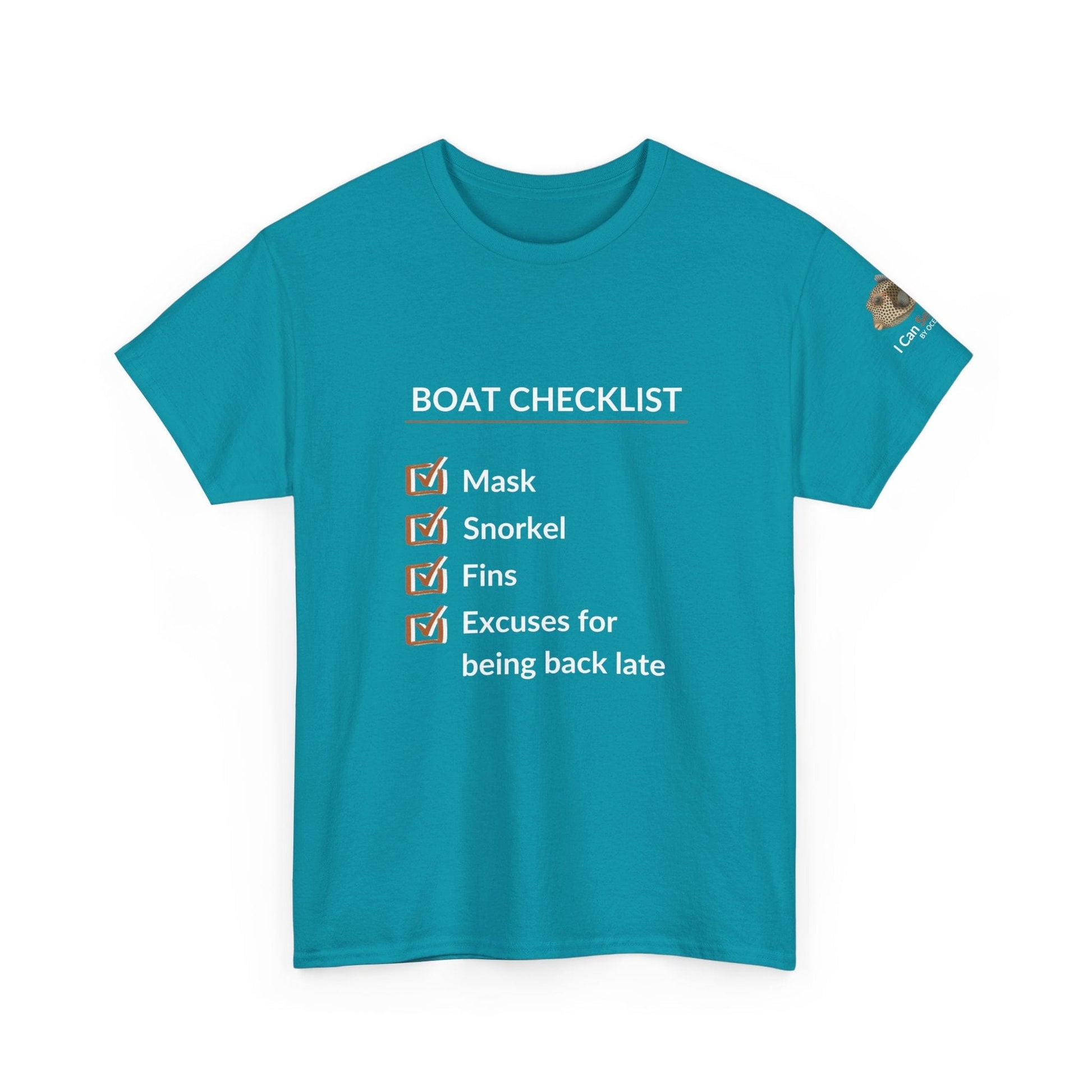 T-Shirt Tropical Blue / S Boat Checklist T-Shirt: Mask, Snorkel, Fins & Excuses Tee for Ocean Lovers Boat Checklist T-Shirt: Mask, Snorkel, Fins & Excuses Tee for Ocean Lovers