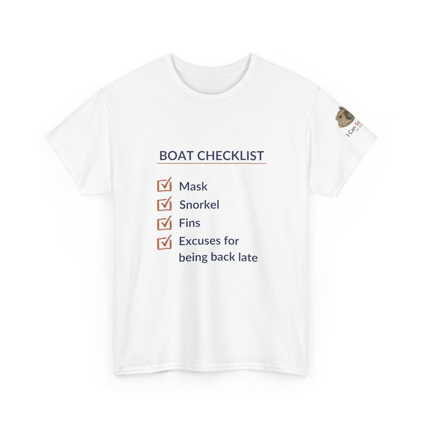 T-Shirt White / S Boat Checklist T-Shirt: Mask, Snorkel, Fins & Excuses Tee for Ocean Lovers Boat Checklist T-Shirt: Mask, Snorkel, Fins & Excuses Tee for Ocean Lovers