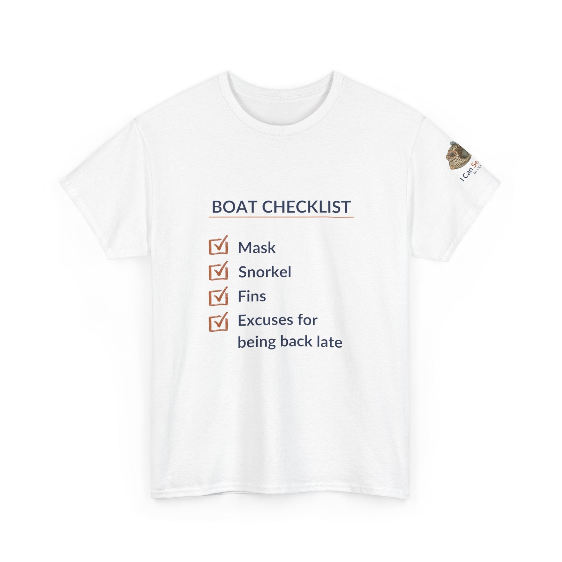 T-Shirt White / S Boat Checklist T-Shirt: Mask, Snorkel, Fins & Excuses Tee for Ocean Lovers Boat Checklist T-Shirt: Mask, Snorkel, Fins & Excuses Tee for Ocean Lovers