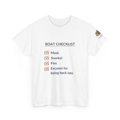 T-Shirt White / S Boat Checklist T-Shirt: Mask, Snorkel, Fins & Excuses Tee for Ocean Lovers Boat Checklist T-Shirt: Mask, Snorkel, Fins & Excuses Tee for Ocean Lovers