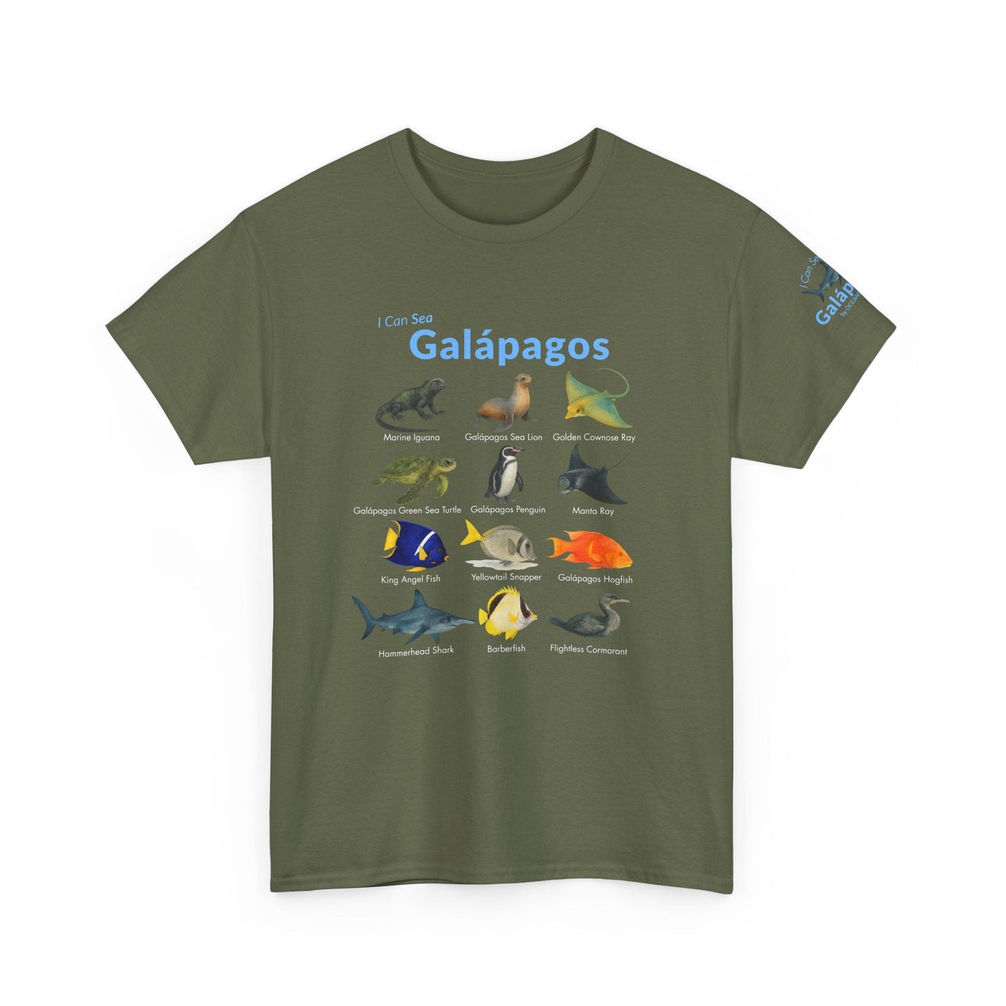 T-Shirt Military Green / S Galápagos Wildlife Field Guide Tee - "I Can Sea" Watercolor Marine ID Shirt Galápagos Wildlife Field Guide Tee - "I Can Sea" Watercolor Marine ID Shirt