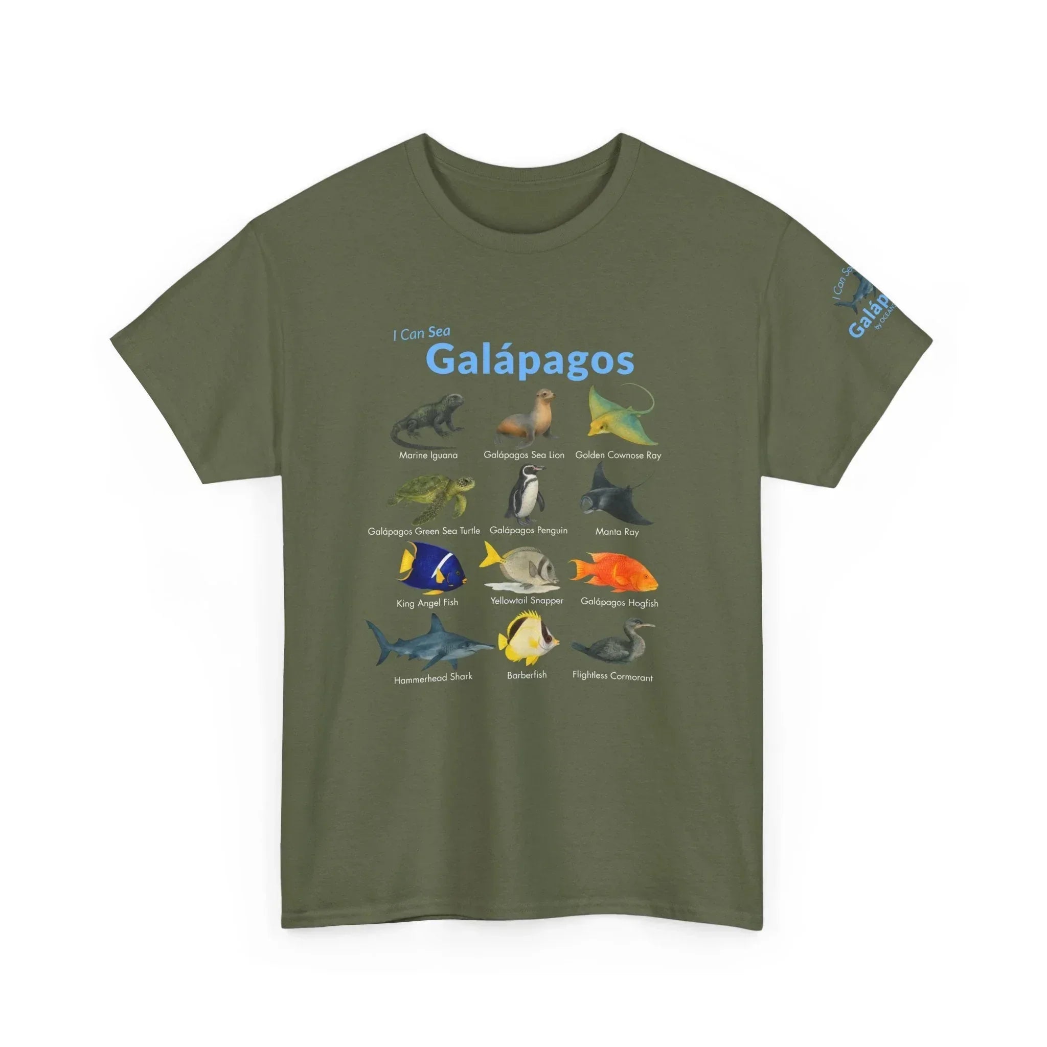 T-Shirt Military Green / S Galápagos Wildlife Field Guide Tee - "I Can Sea" Watercolor Marine ID Shirt Galápagos Wildlife Field Guide Tee - "I Can Sea" Watercolor Marine ID Shirt